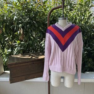 KULE Women’s V-Neck Sweater Pink Ribbed Chevron Stripe Knit Size M